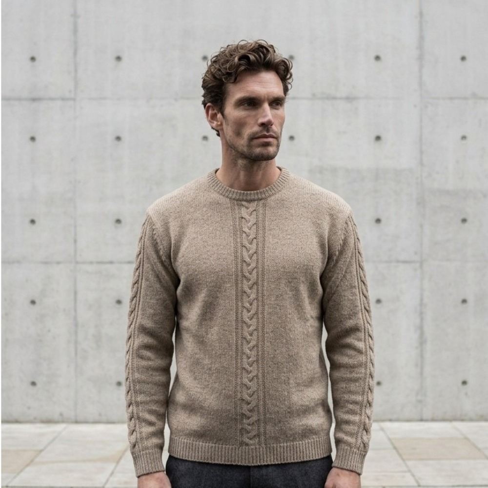 Perry Ellis Men Tan Wool Cotton Cable Knit Crewneck Sweater L Fisherman Heritage